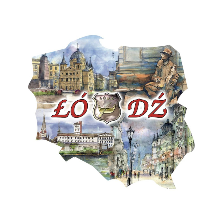 Magnes z Łodzi kontur Polski Ławeczka Tuwima Akwarela