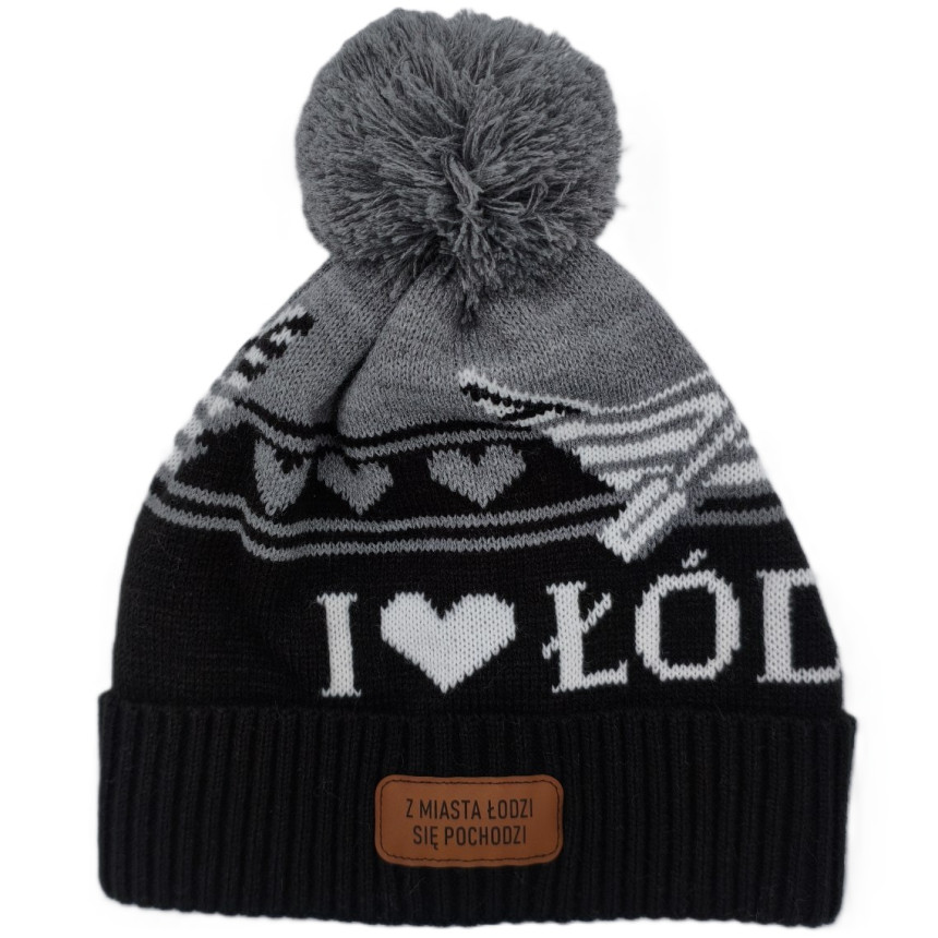 Czapka zimowa z pomponem „I ♥ Łódź” czarna
