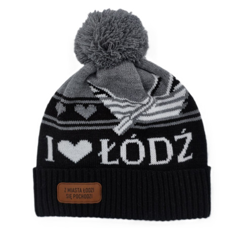 Czapka zimowa z pomponem „I ♥ Łódź” czarna