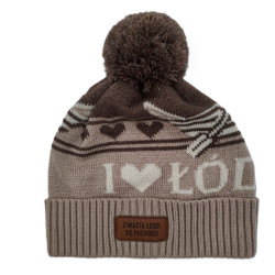 Czapka zimowa z pomponem „I ♥ Łódź” brązowa
