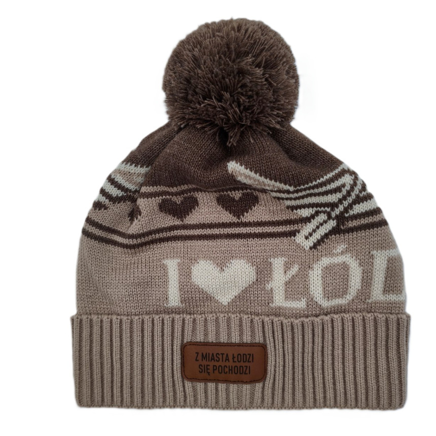 Czapka zimowa z pomponem „I ♥ Łódź” brązowa