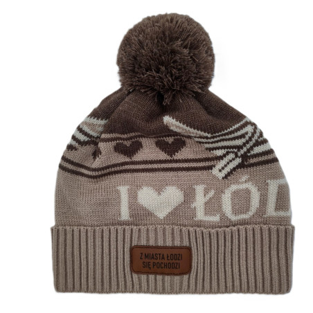 Czapka zimowa z pomponem „I ♥ Łódź” brązowa