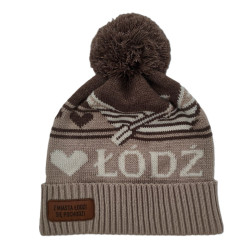 Czapka zimowa z pomponem „I ♥ Łódź” brązowa
