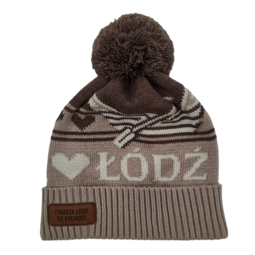 Czapka zimowa z pomponem „I ♥ Łódź” brązowa
