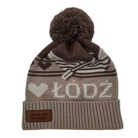 Czapka zimowa z pomponem „I ♥ Łódź” brązowa